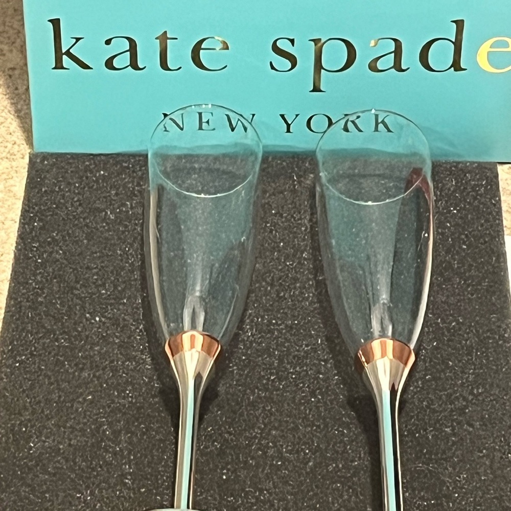 KATE SPADE Champagne Flutes w/ Silver and Rose Gold Accents